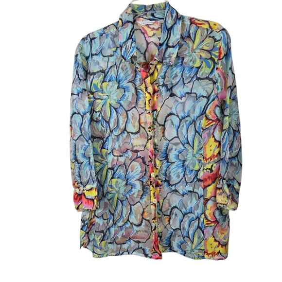 Erin London Floral Bohemian Art To Wear Semi Sheer Blouse Abstract Artsy Fairy L - Picture 6 of 13